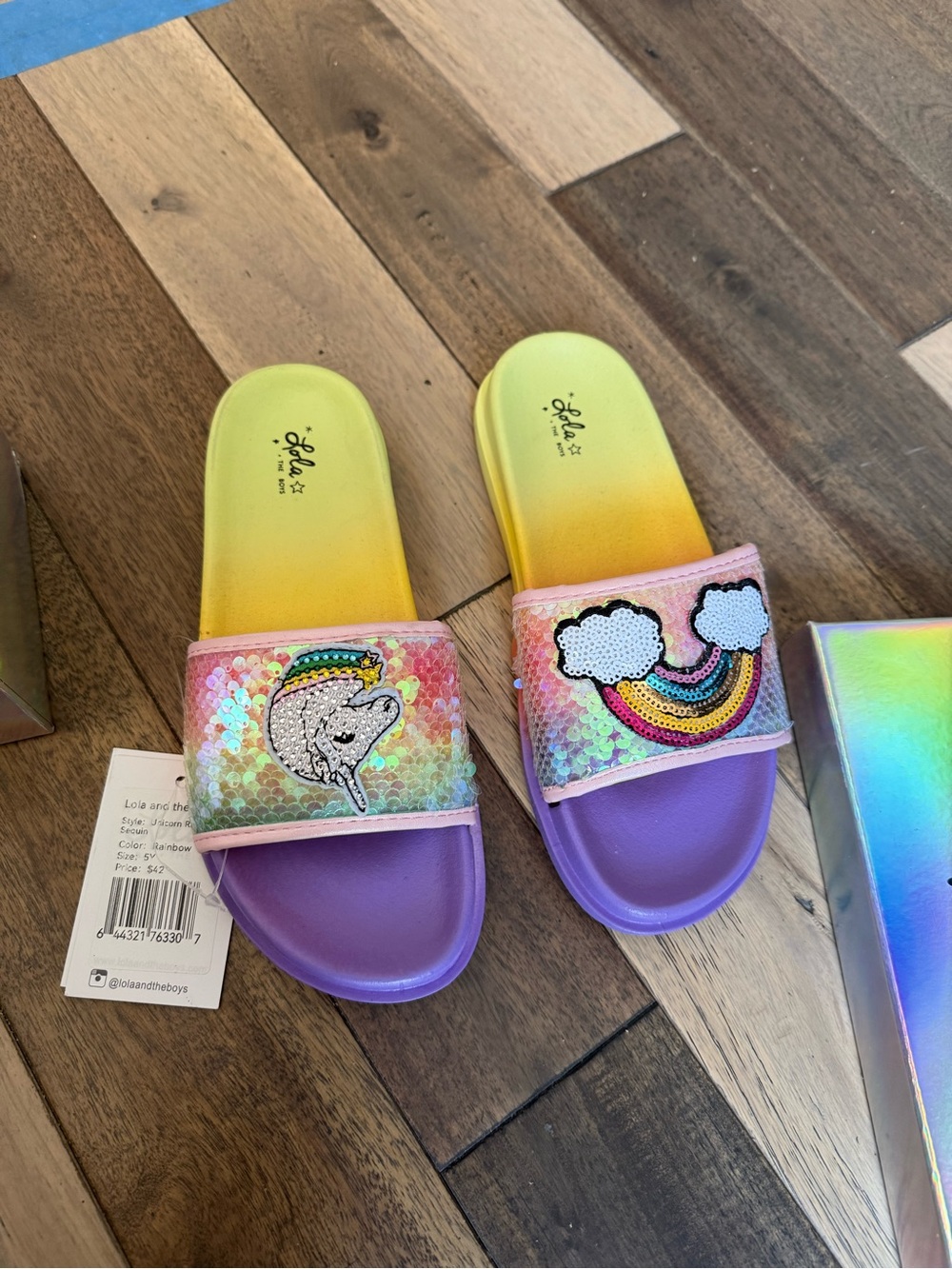 Lola + The Boys Purple Slide Sandals with Rainbow Sequin Straps